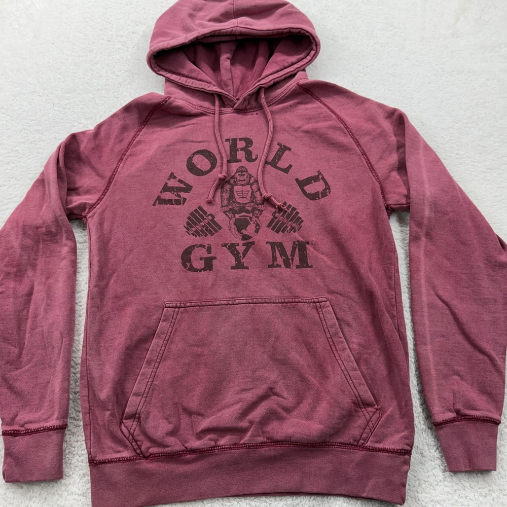 World Gym Hoodie Mens Small‎ Maroon Pullover Graphic Logo Workout Fitness